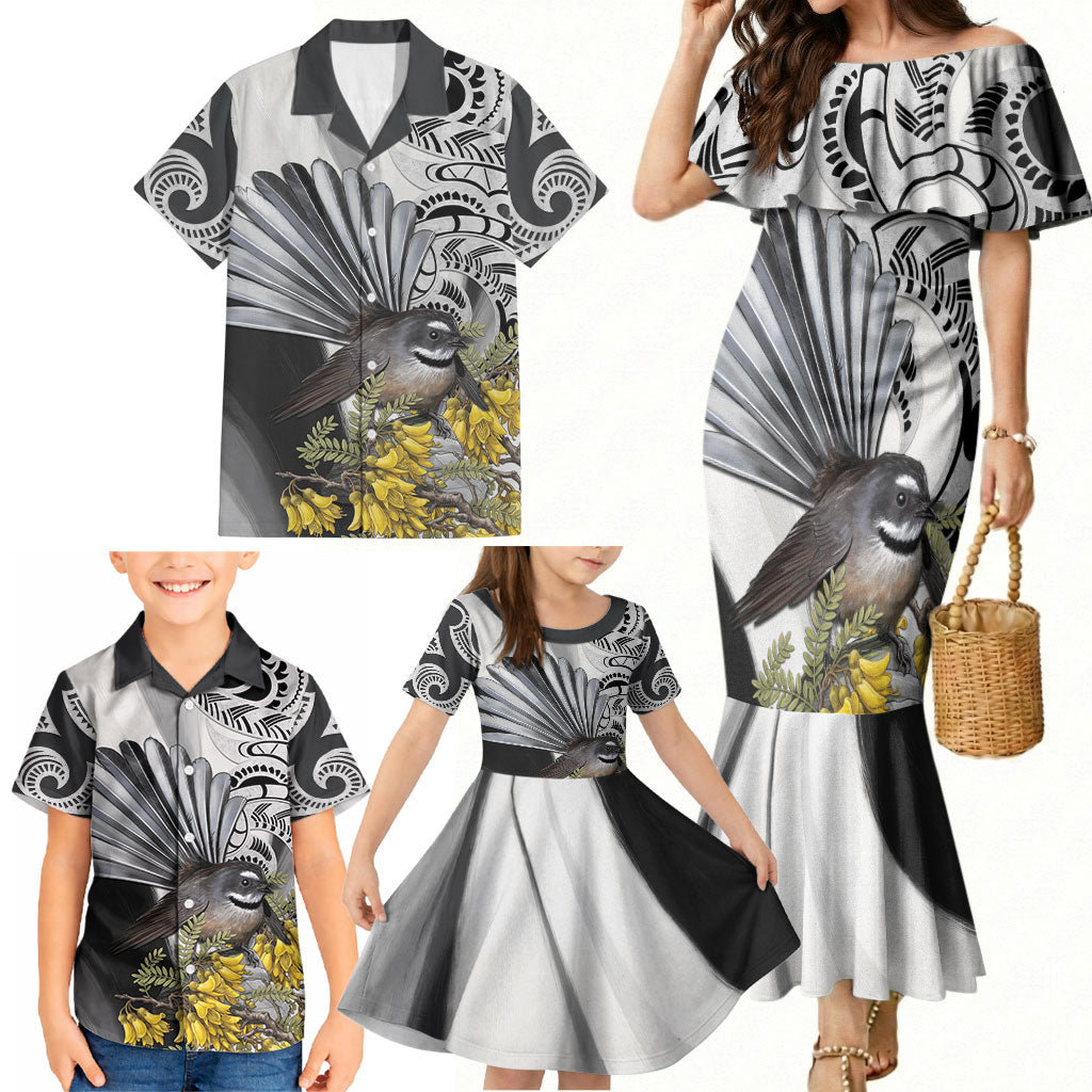New Zealand Fantail Bird Family Matching Mermaid Dress and Hawaiian Shirt Maori Piwakawaka Kowhai Maori Pattern
