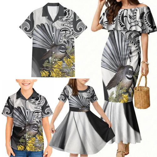New Zealand Fantail Bird Family Matching Mermaid Dress and Hawaiian Shirt Maori Piwakawaka Kowhai Maori Pattern