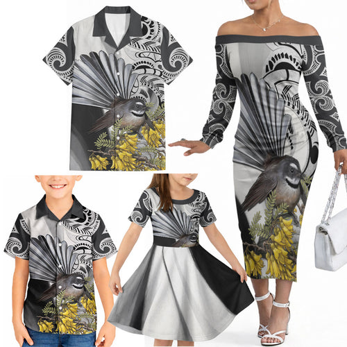 New Zealand Fantail Bird Family Matching Off The Shoulder Long Sleeve Dress and Hawaiian Shirt Maori Piwakawaka Kowhai Maori Pattern