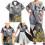 New Zealand Fantail Bird Family Matching Off Shoulder Maxi Dress and Hawaiian Shirt Maori Piwakawaka Kowhai Maori Pattern