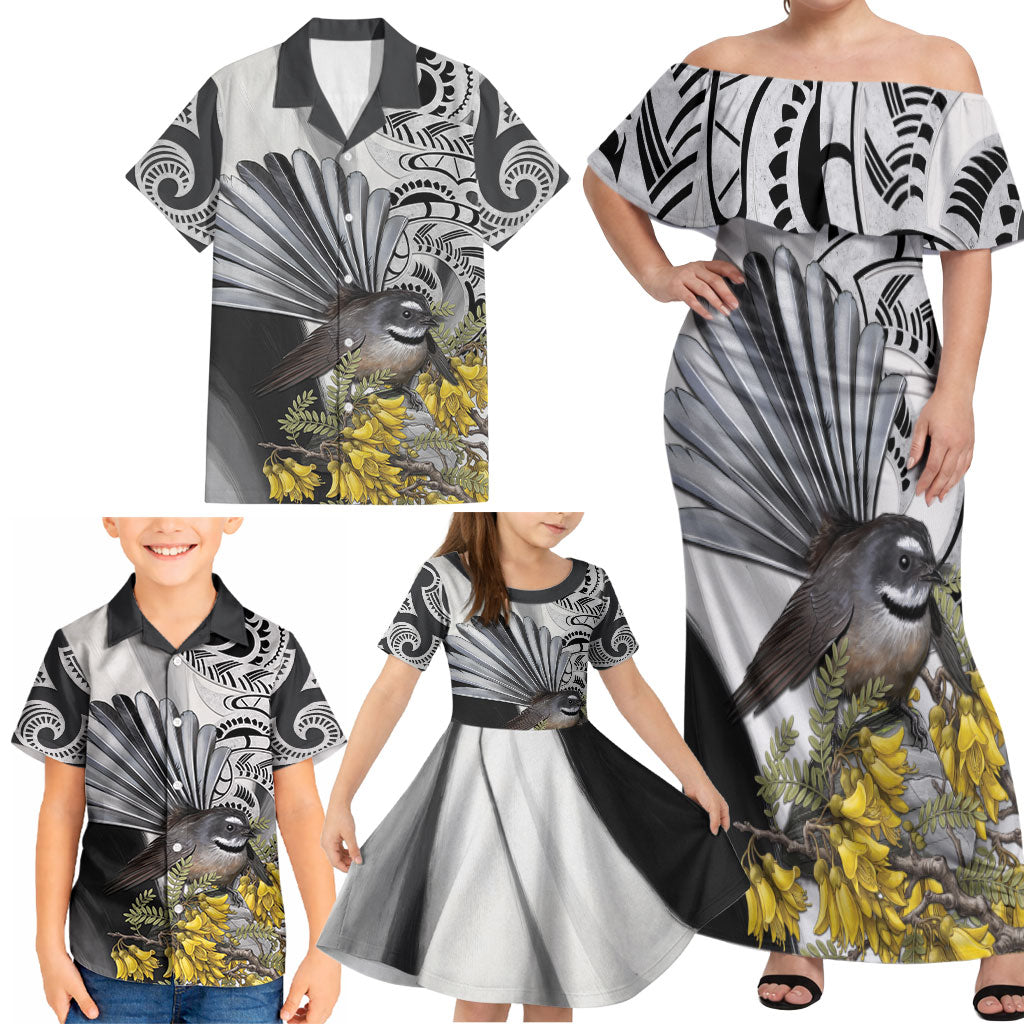 New Zealand Fantail Bird Family Matching Off Shoulder Maxi Dress and Hawaiian Shirt Maori Piwakawaka Kowhai Maori Pattern