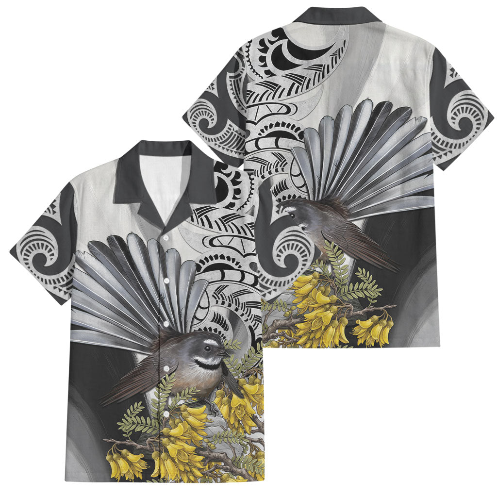 New Zealand Fantail Bird Family Matching Off Shoulder Maxi Dress and Hawaiian Shirt Maori Piwakawaka Kowhai Maori Pattern