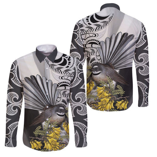 New Zealand Fantail Bird Family Matching Off Shoulder Short Dress and Hawaiian Shirt Maori Piwakawaka Kowhai Maori Pattern