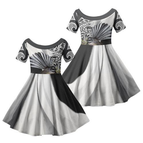 New Zealand Fantail Bird Family Matching Short Sleeve Bodycon Dress and Hawaiian Shirt Maori Piwakawaka Kowhai Maori Pattern