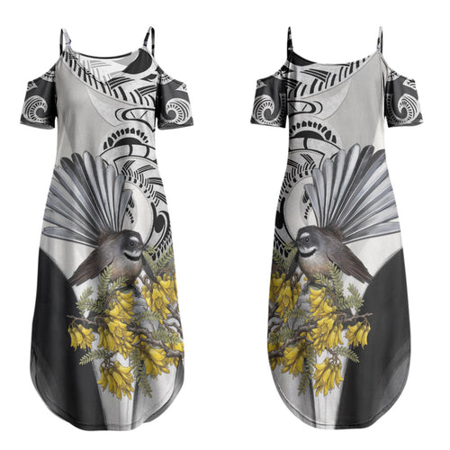 New Zealand Fantail Bird Family Matching Summer Maxi Dress and Hawaiian Shirt Maori Piwakawaka Kowhai Maori Pattern