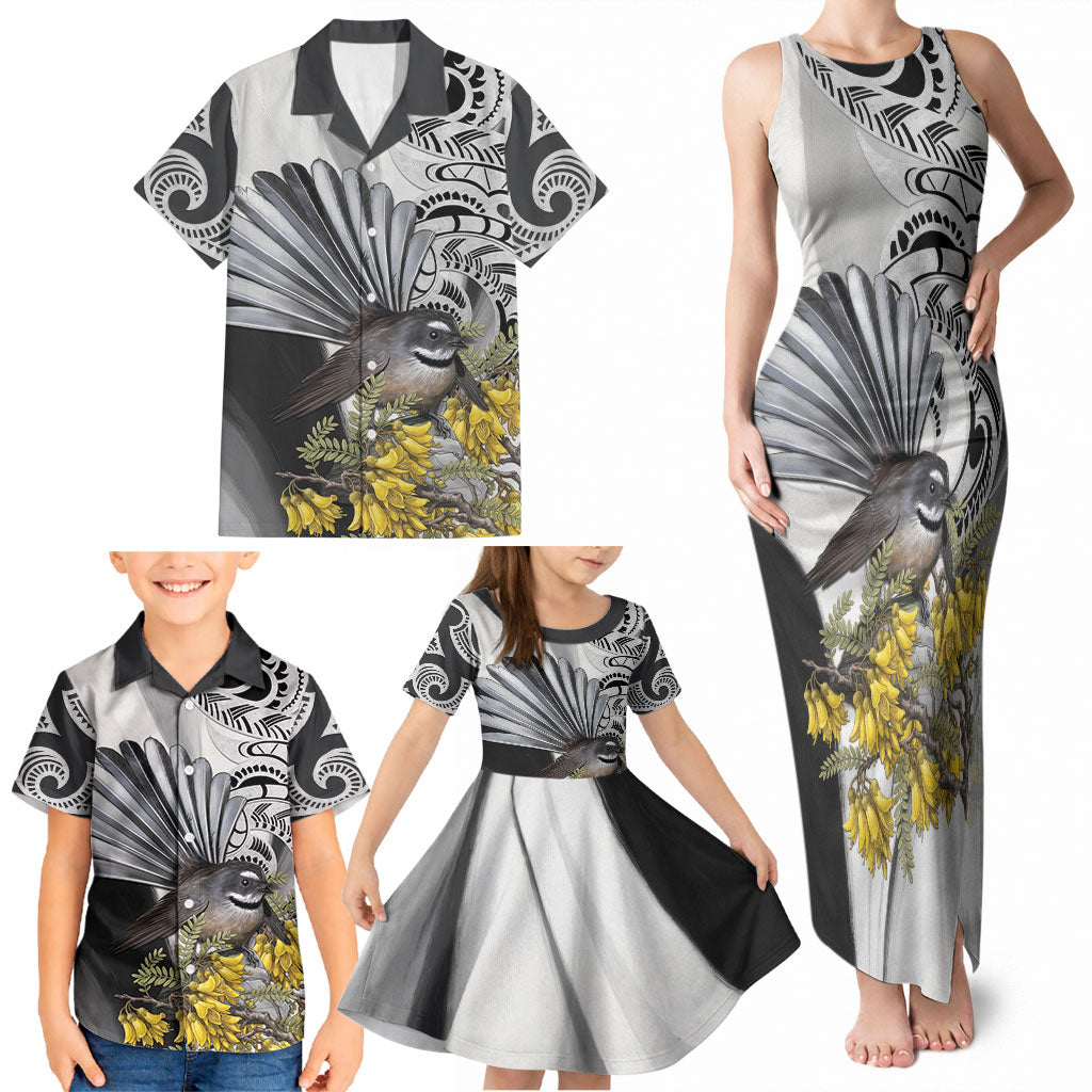 New Zealand Fantail Bird Family Matching Tank Maxi Dress and Hawaiian Shirt Maori Piwakawaka Kowhai Maori Pattern