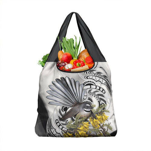 New Zealand Fantail Bird Grocery Bag Maori Piwakawaka Kowhai Maori Pattern