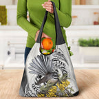 New Zealand Fantail Bird Grocery Bag Maori Piwakawaka Kowhai Maori Pattern