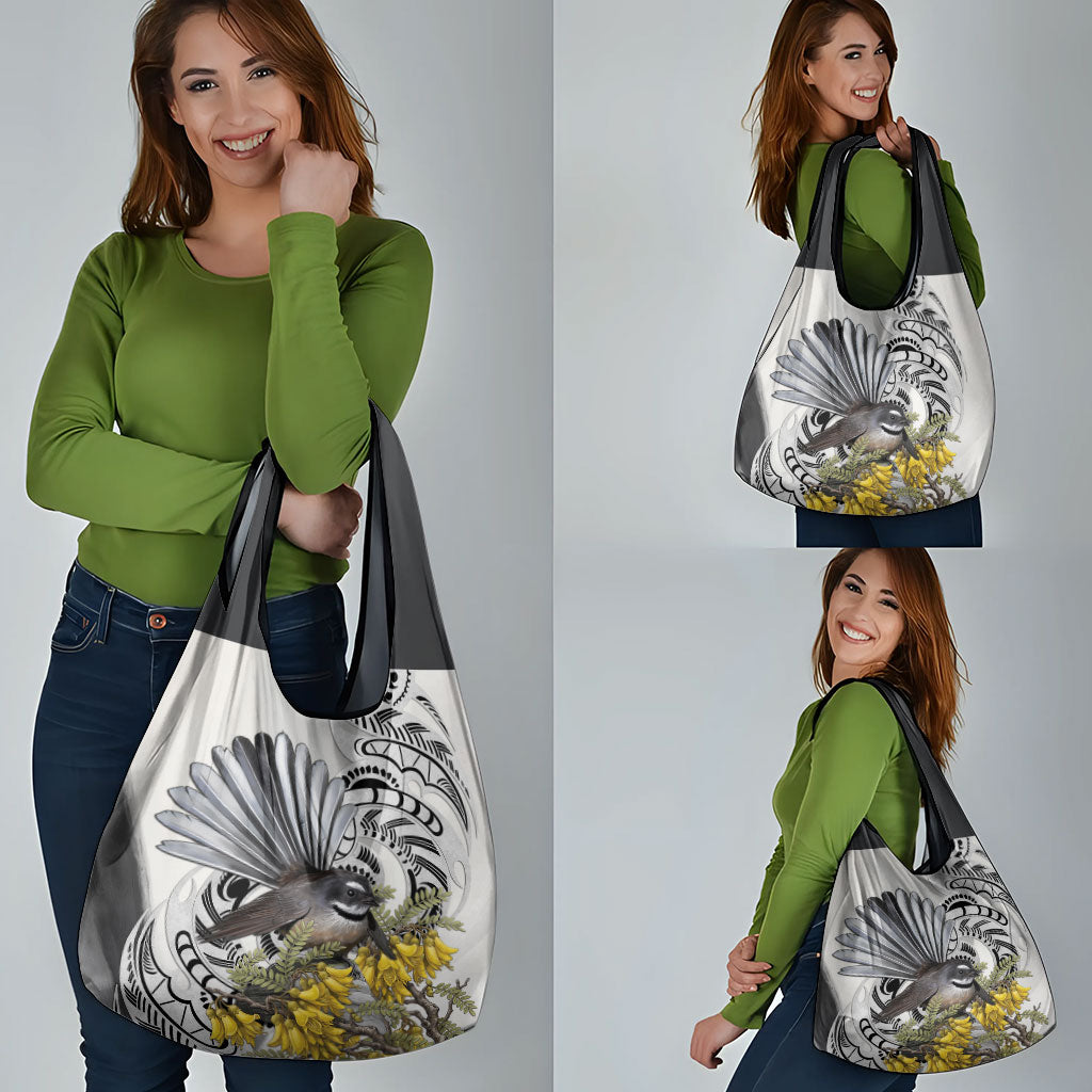 New Zealand Fantail Bird Grocery Bag Maori Piwakawaka Kowhai Maori Pattern
