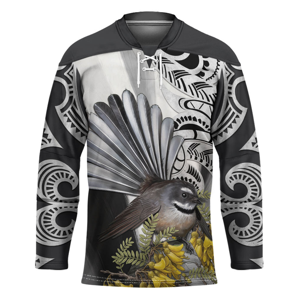 New Zealand Fantail Bird Hockey Jersey Maori Piwakawaka Kowhai Maori Pattern