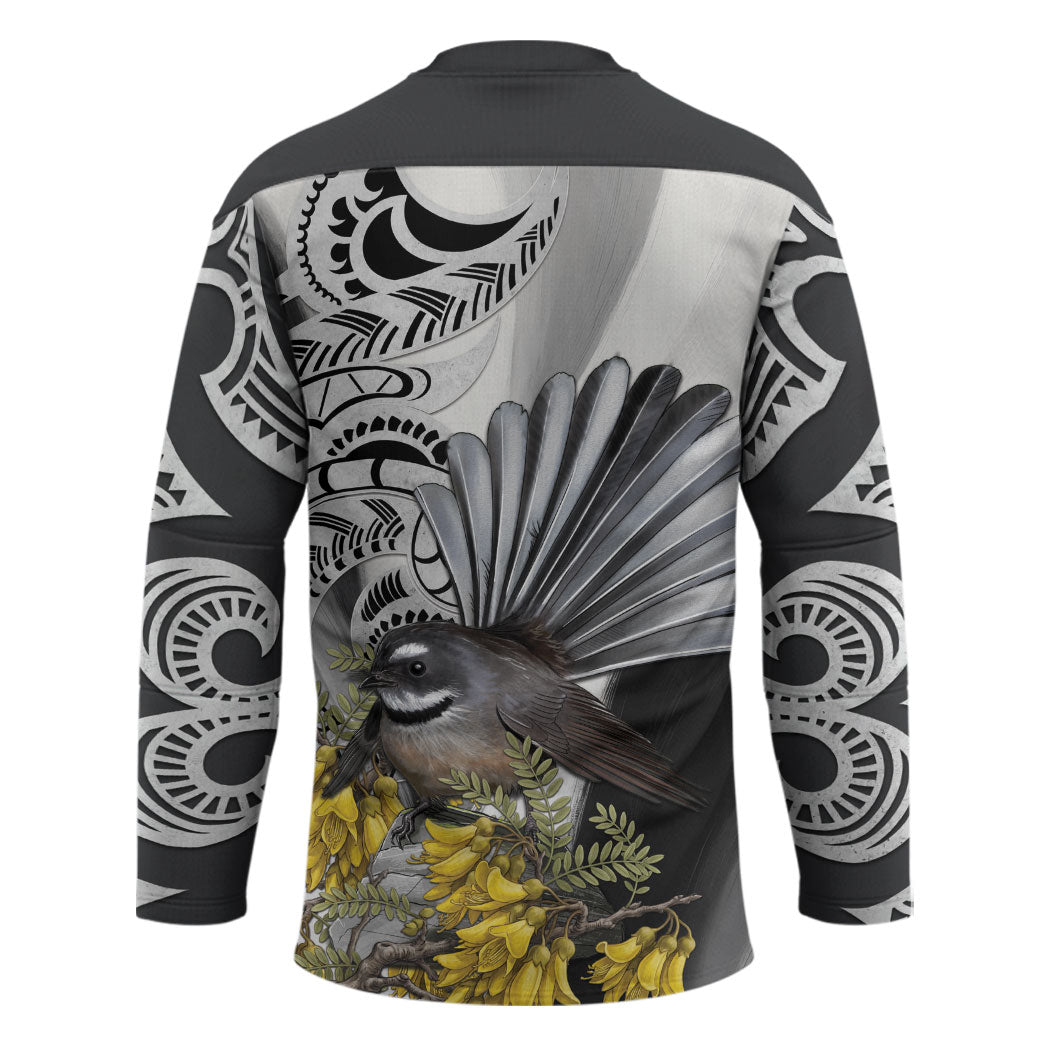 New Zealand Fantail Bird Hockey Jersey Maori Piwakawaka Kowhai Maori Pattern