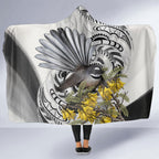 New Zealand Fantail Bird Hooded Blanket Maori Piwakawaka Kowhai Maori Pattern