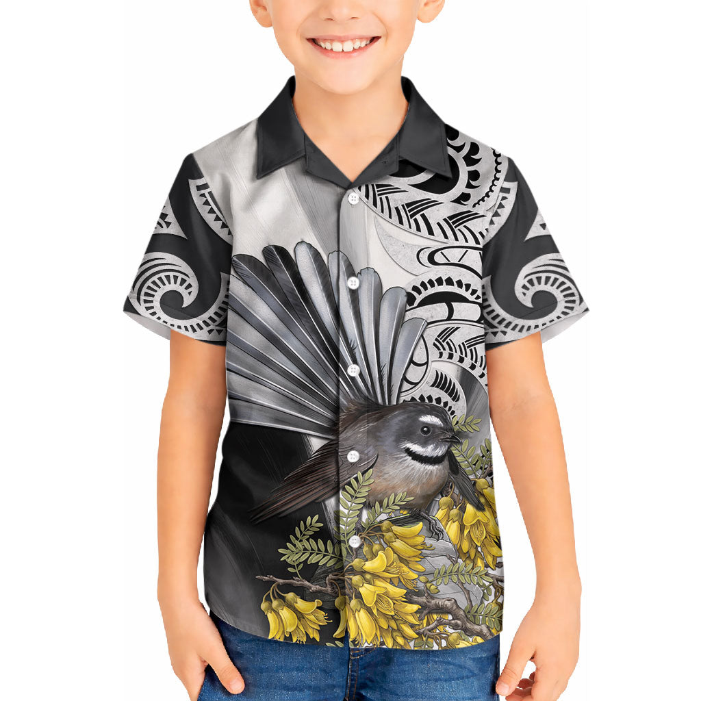 New Zealand Fantail Bird Kid Hawaiian Shirt Maori Piwakawaka Kowhai Maori Pattern