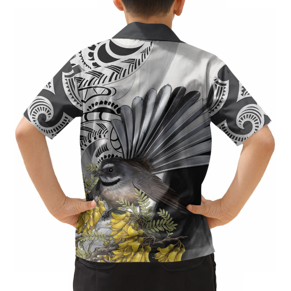 New Zealand Fantail Bird Kid Hawaiian Shirt Maori Piwakawaka Kowhai Maori Pattern