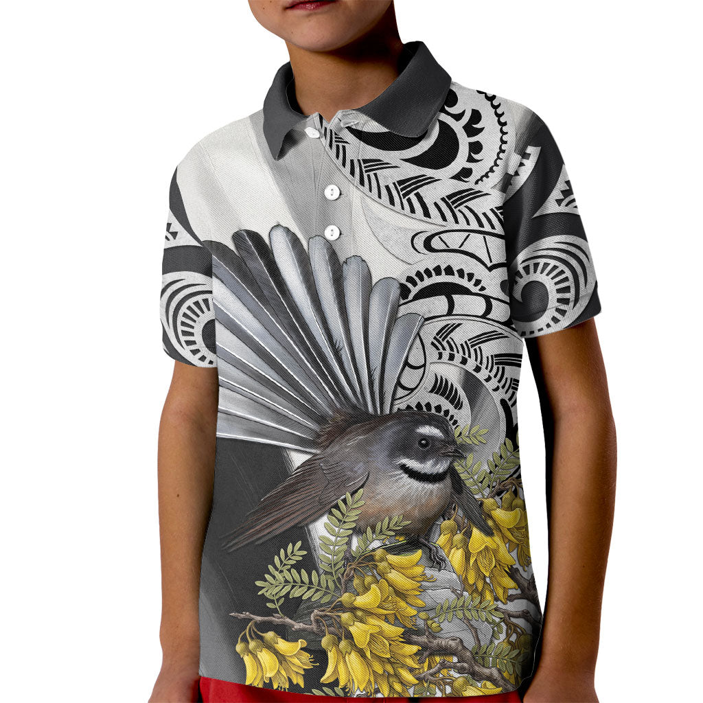 New Zealand Fantail Bird Kid Polo Shirt Maori Piwakawaka Kowhai Maori Pattern