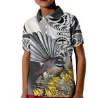 New Zealand Fantail Bird Kid Polo Shirt Maori Piwakawaka Kowhai Maori Pattern