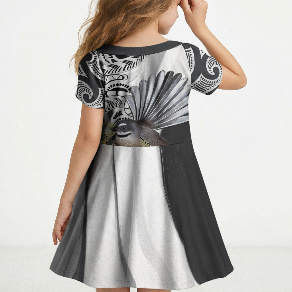 New Zealand Fantail Bird Kid Short Sleeve Dress Maori Piwakawaka Kowhai Maori Pattern