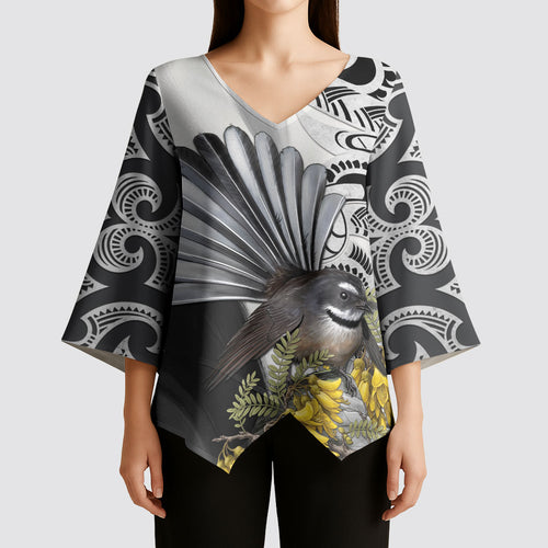 New Zealand Fantail Bird Kimono Sleeve Blouse Maori Piwakawaka Kowhai Maori Pattern