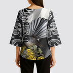New Zealand Fantail Bird Kimono Sleeve Blouse Maori Piwakawaka Kowhai Maori Pattern