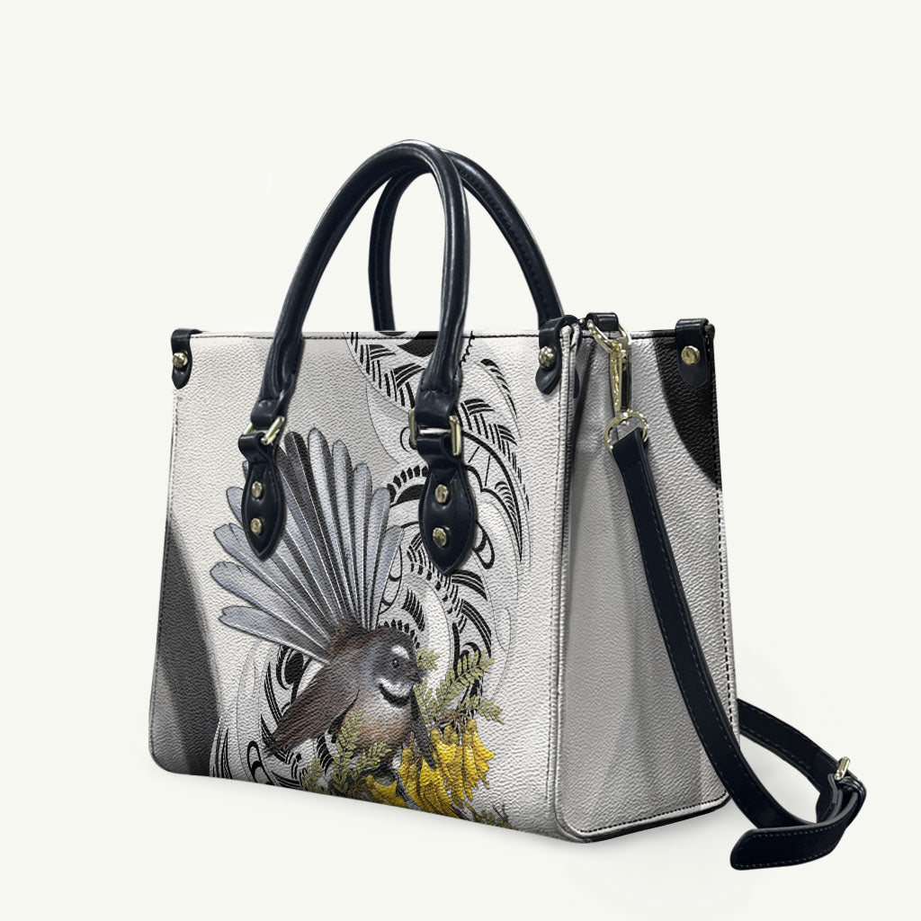 New Zealand Fantail Bird Leather Bag Maori Piwakawaka Kowhai Maori Pattern