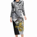New Zealand Fantail Bird Long Sleeve Bodycon Dress Maori Piwakawaka Kowhai Maori Pattern
