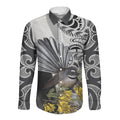 New Zealand Fantail Bird Long Sleeve Button Shirt Maori Piwakawaka Kowhai Maori Pattern