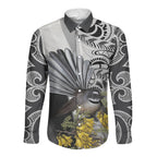 New Zealand Fantail Bird Long Sleeve Button Shirt Maori Piwakawaka Kowhai Maori Pattern