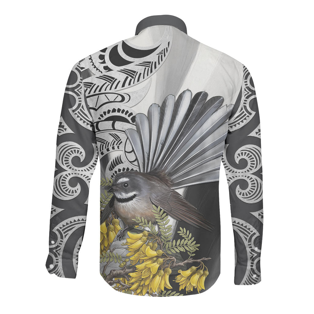 New Zealand Fantail Bird Long Sleeve Button Shirt Maori Piwakawaka Kowhai Maori Pattern