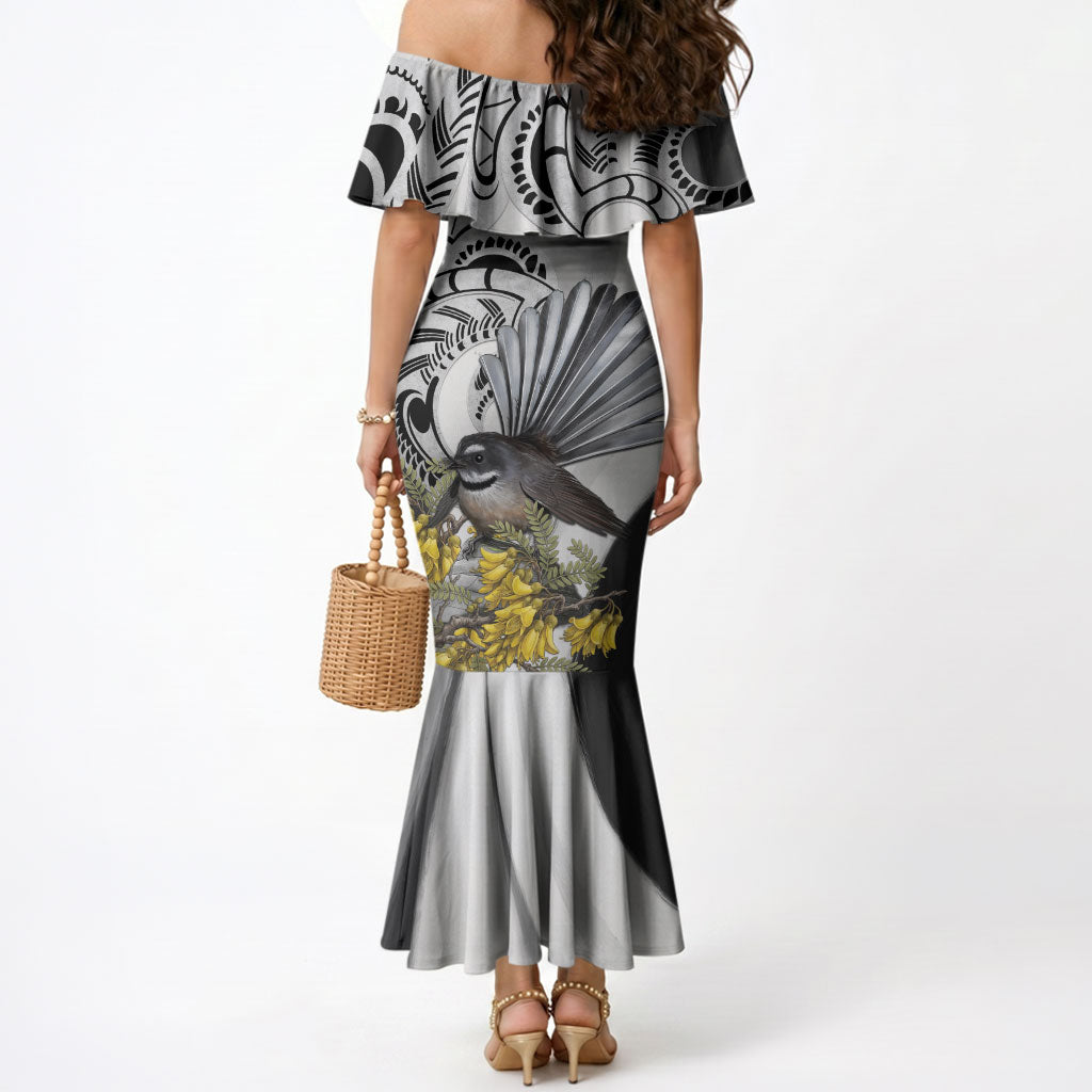 New Zealand Fantail Bird Mermaid Dress Maori Piwakawaka Kowhai Maori Pattern
