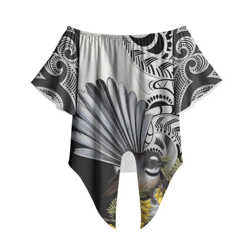 New Zealand Fantail Bird Off Shoulder Wrap Waist Top Maori Piwakawaka Kowhai Maori Pattern
