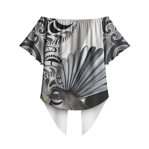New Zealand Fantail Bird Off Shoulder Wrap Waist Top Maori Piwakawaka Kowhai Maori Pattern