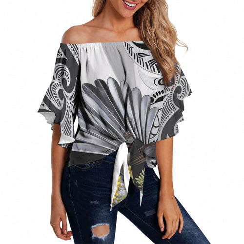 New Zealand Fantail Bird Off Shoulder Wrap Waist Top Maori Piwakawaka Kowhai Maori Pattern