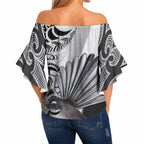 New Zealand Fantail Bird Off Shoulder Wrap Waist Top Maori Piwakawaka Kowhai Maori Pattern