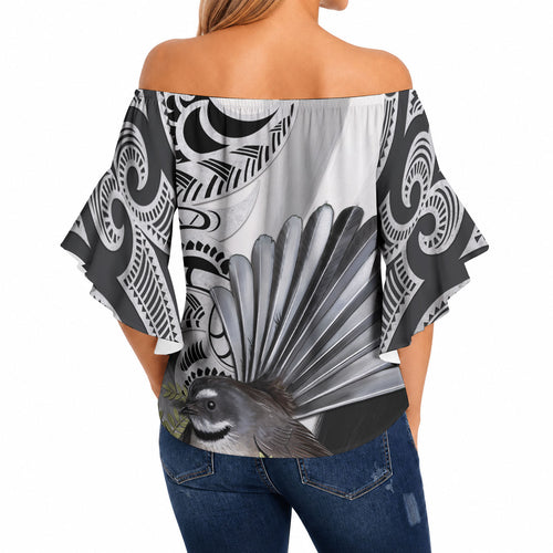 New Zealand Fantail Bird Off Shoulder Wrap Waist Top Maori Piwakawaka Kowhai Maori Pattern