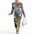 New Zealand Fantail Bird Off The Shoulder Long Sleeve Dress Maori Piwakawaka Kowhai Maori Pattern