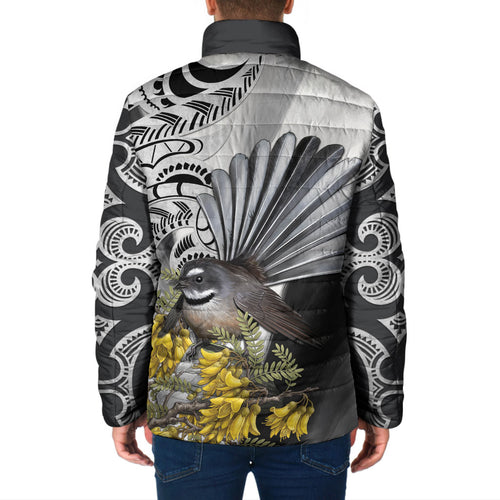 New Zealand Fantail Bird Padded Jacket Maori Piwakawaka Kowhai Maori Pattern