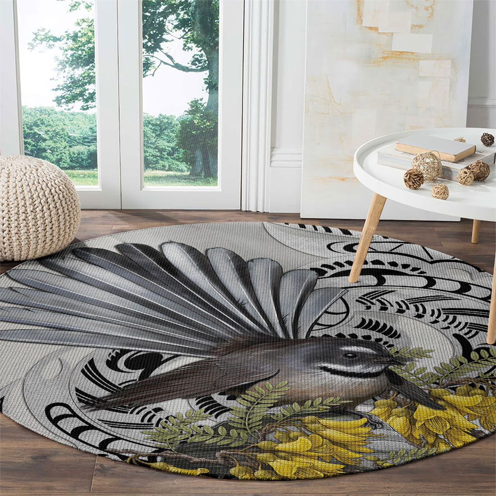 New Zealand Fantail Bird Round Carpet Maori Piwakawaka Kowhai Maori Pattern