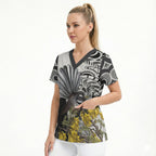 New Zealand Fantail Bird Scrub Top Maori Piwakawaka Kowhai Maori Pattern