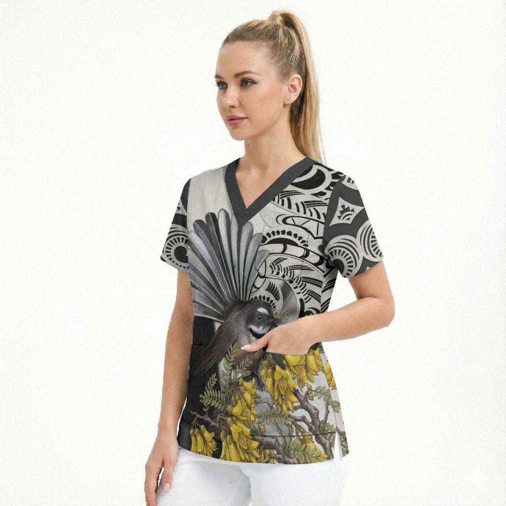 New Zealand Fantail Bird Scrub Top Maori Piwakawaka Kowhai Maori Pattern