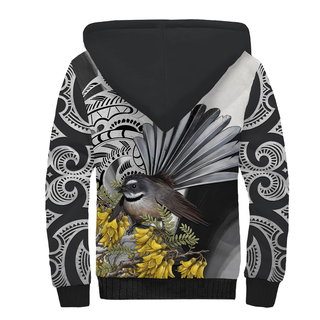 New Zealand Fantail Bird Sherpa Hoodie Maori Piwakawaka Kowhai Maori Pattern