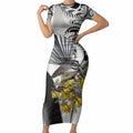 New Zealand Fantail Bird Short Sleeve Bodycon Dress Maori Piwakawaka Kowhai Maori Pattern