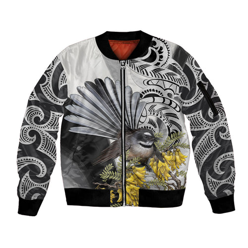 New Zealand Fantail Bird Sleeve Zip Bomber Jacket Maori Piwakawaka Kowhai Maori Pattern