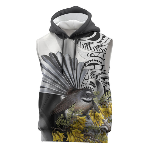 New Zealand Fantail Bird Sleeveless Hoodie Maori Piwakawaka Kowhai Maori Pattern