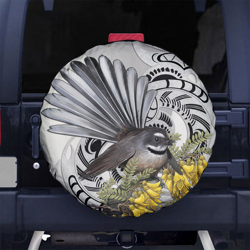 New Zealand Fantail Bird Spare Tire Cover Maori Piwakawaka Kowhai Maori Pattern