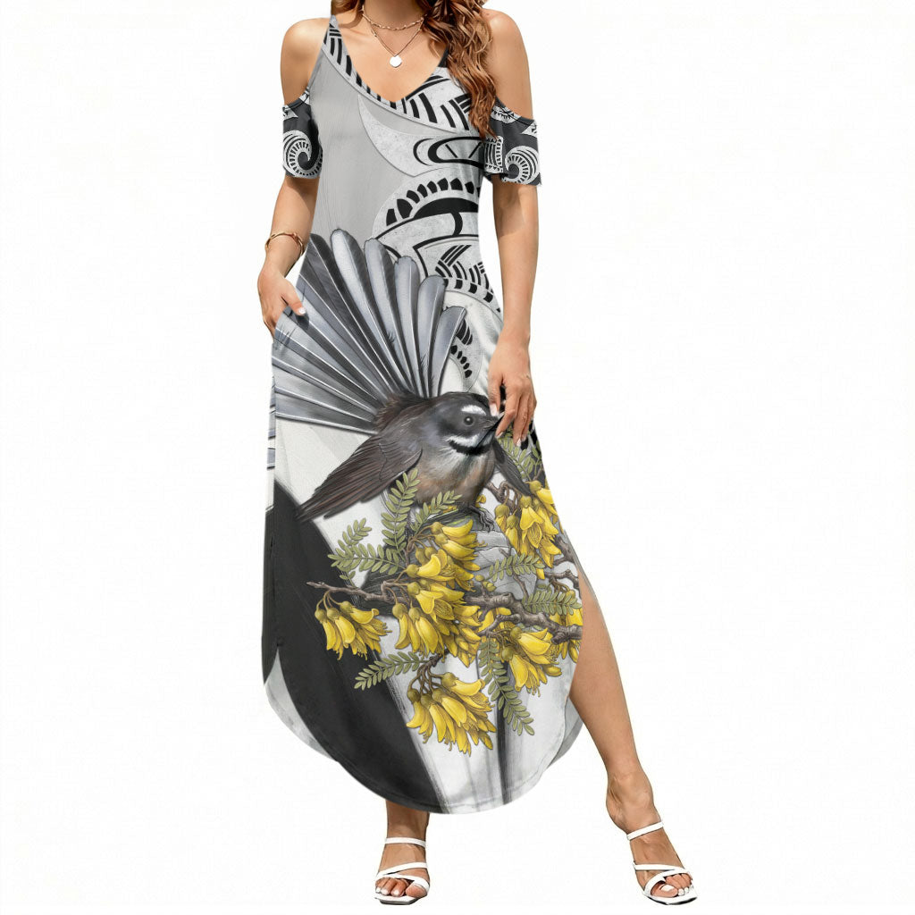 New Zealand Fantail Bird Summer Maxi Dress Maori Piwakawaka Kowhai Maori Pattern