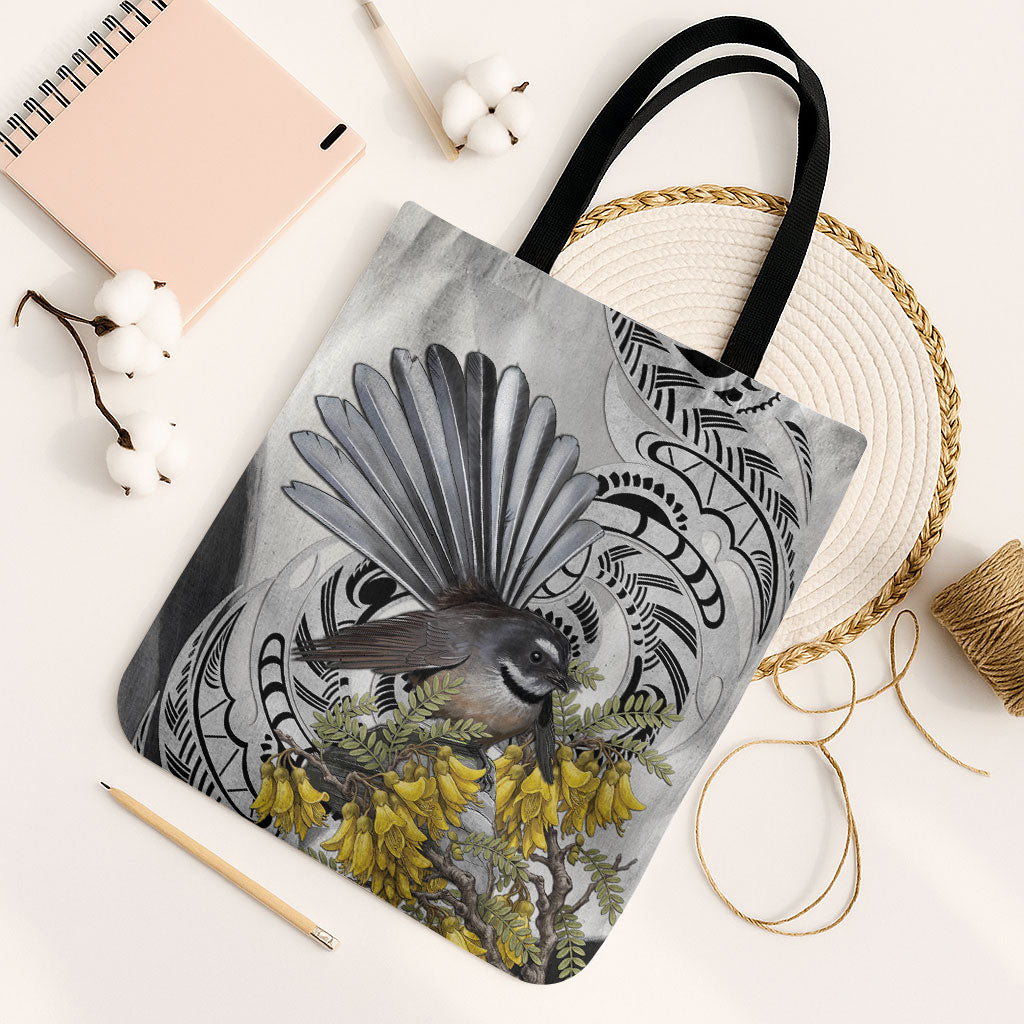 New Zealand Fantail Bird Tote Bag Maori Piwakawaka Kowhai Maori Pattern