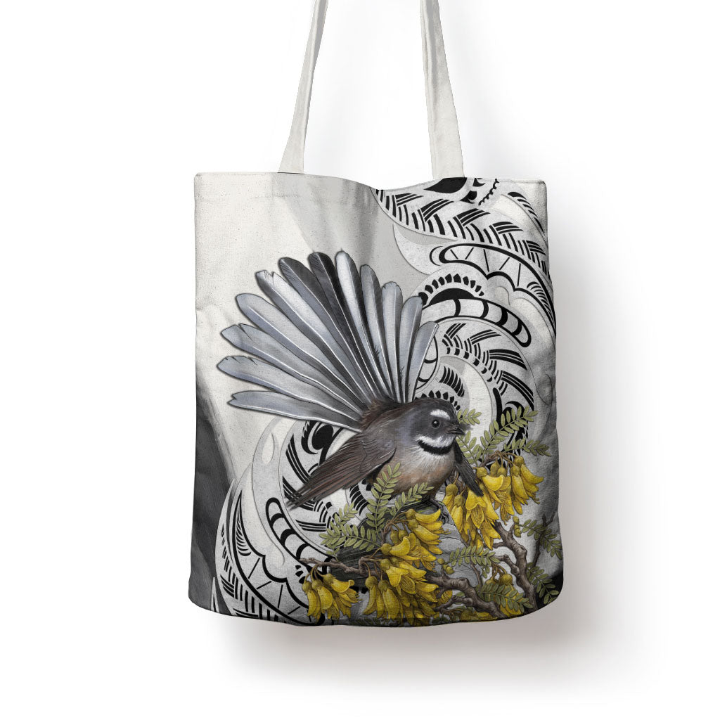 New Zealand Fantail Bird Tote Bag Maori Piwakawaka Kowhai Maori Pattern