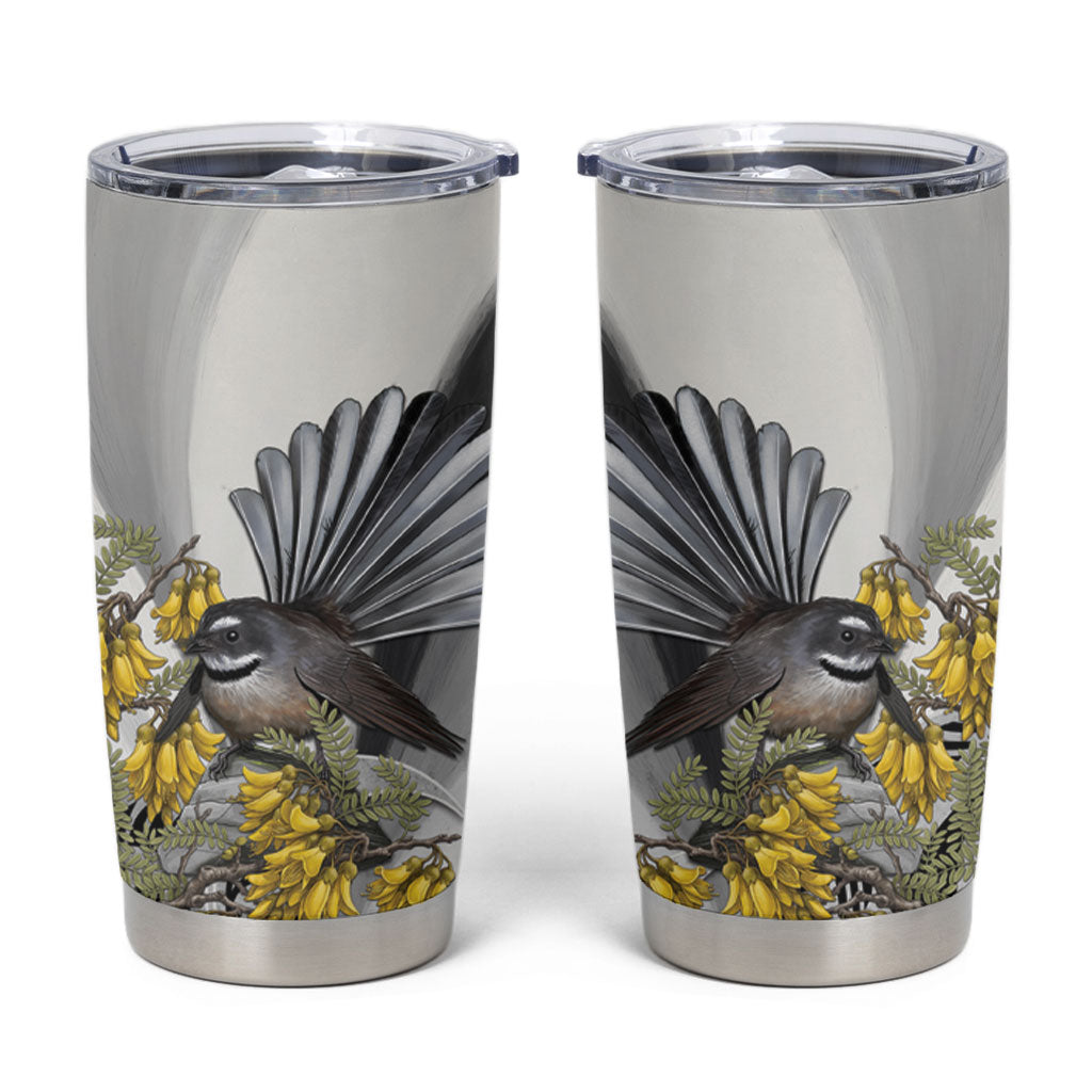 New Zealand Fantail Bird Tumbler Cup Maori Piwakawaka Kowhai Maori Pattern