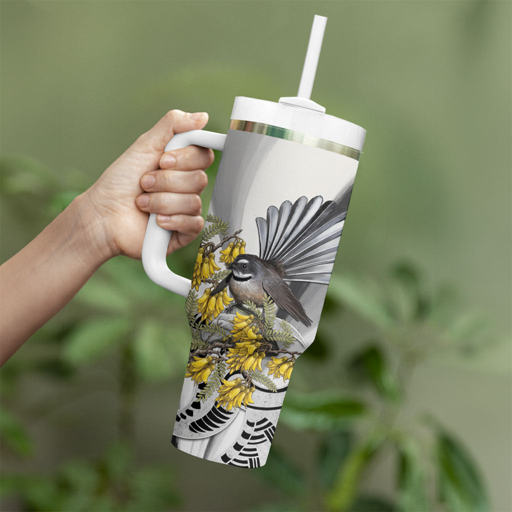 New Zealand Fantail Bird Tumbler With Handle Maori Piwakawaka Kowhai Maori Pattern