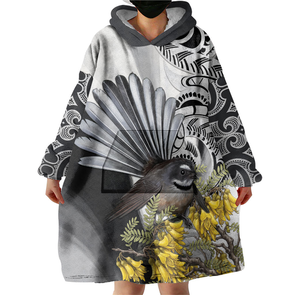 New Zealand Fantail Bird Wearable Blanket Hoodie Maori Piwakawaka Kowhai Maori Pattern